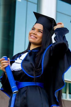 Young woman celebrating graduation with diploma in hand, wearing traditional cap and gown.